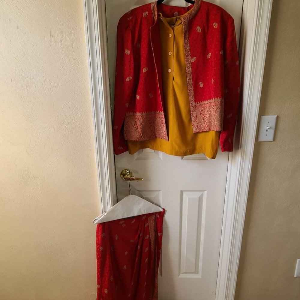 Julie Francis Size 14 Skirt with Suit Jacket. Red & Gold.
